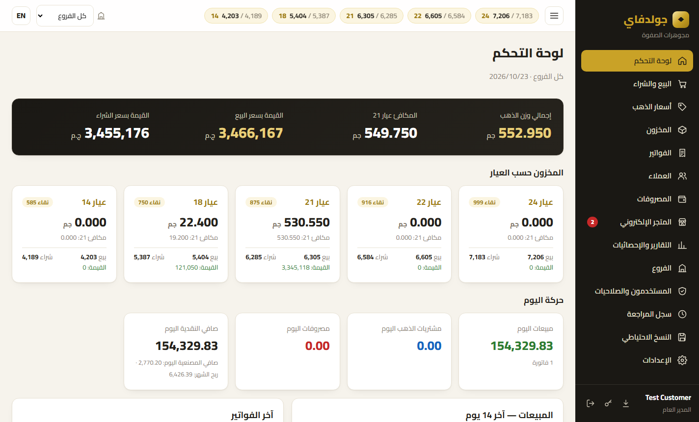 النسخة الأونلاين: لوحة التحكم — برنامج جولدفاي لمحلات الذهب